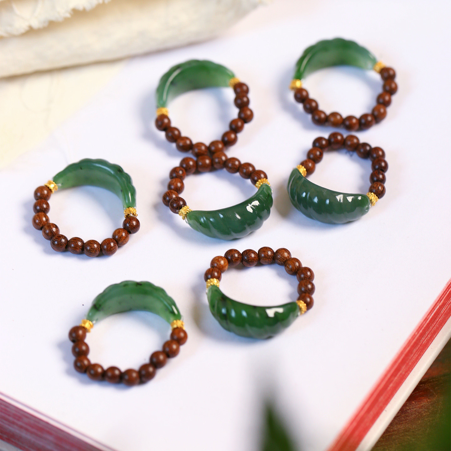 Natural Russian jasper carved croissant with sandalwood original ring shank women's ring jewelry
