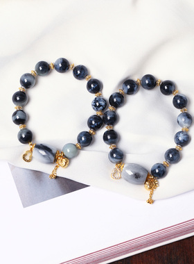 天然和田玉新疆料聚墨青花圆珠原创搭配款手链 女款玉石手串饰品