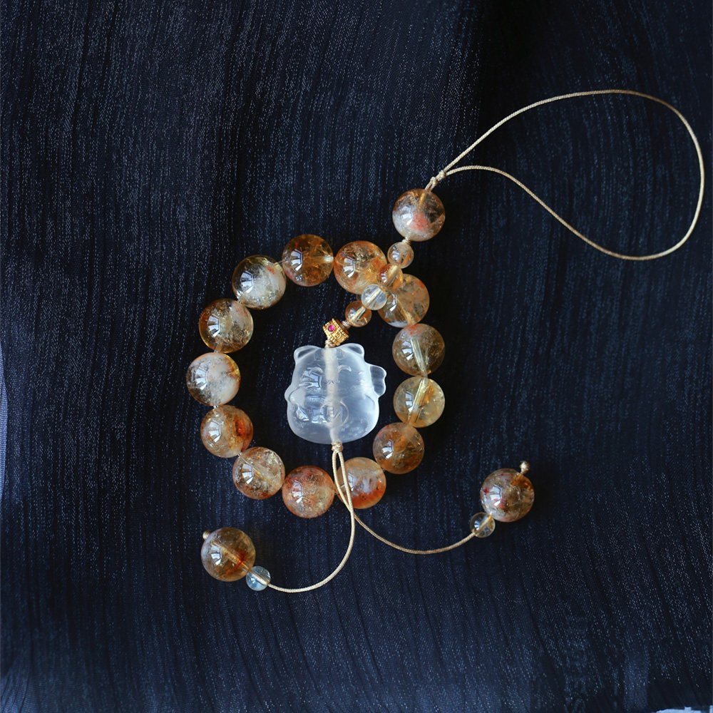 天然黄水晶圆珠搭配白水晶招财猫原创搭配款手机挂绳女款水晶饰品,淘宝优惠券,粉丝福利购,淘宝优惠卷