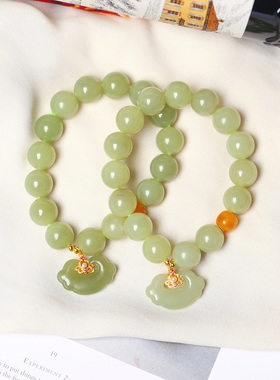 天然和田玉青黄口圆珠原创搭配款单圈手链女款玉石设计款手串饰品