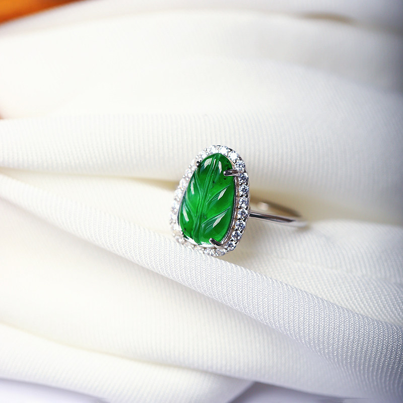 天然A货翡翠危料帝王绿叶子纯银镶款戒指 女款时尚翡翠戒指饰品,淘宝优惠券,粉丝福利购,淘宝优惠卷