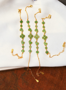 天然和田玉碧玉纯银镶嵌葫芦四叶草款手链 女款玉石镶嵌款饰品