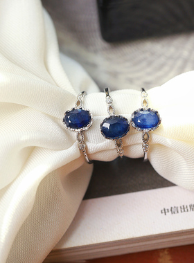 精品彩宝天然蓝宝石纯银托镶嵌款戒指开口可调节女款宝石指环饰品