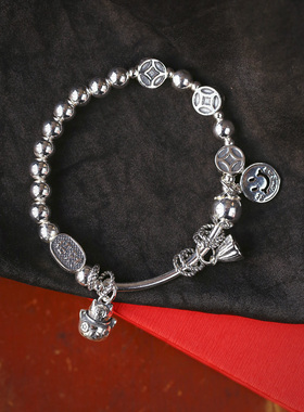 925纯银圆珠搭配复古纳福钱币招财猫款手链 女款时尚流行手链饰品