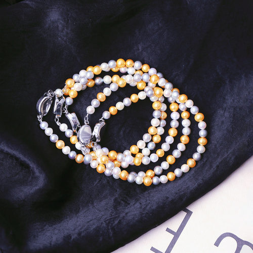 天然淡水珍珠灰金白三色原创手链单圈多宝拼色女款珍珠简约款手串 - 图0