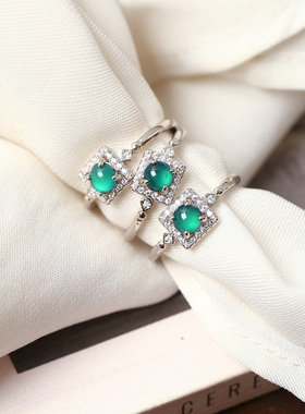 天然A货危料蓝水镀银托镶嵌款戒指戒圈 男女款翡翠指环饰品