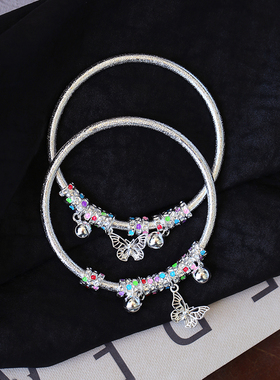 999足银珐琅彩盘缠蝴蝶坠款手镯