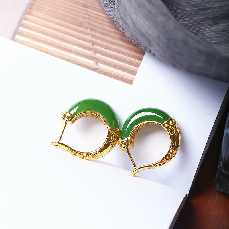 天然俄罗斯碧玉菠菜绿纯银镶嵌款耳扣耳环 女款玉石精品耳饰礼物,淘宝优惠券,粉丝福利购,淘宝优惠卷