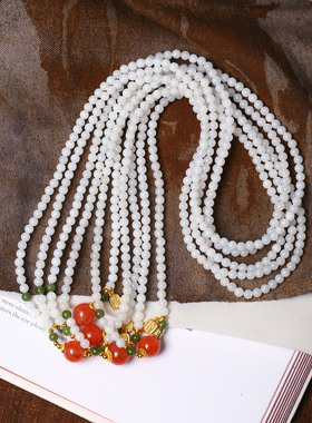 天然和田玉白玉圆珠搭配南红珠原创款三圈手链 女款玉石手串饰品