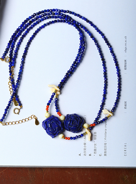 天然青金石切面珠链搭配雕刻小花原创款项链锁骨链 女款吊坠饰品
