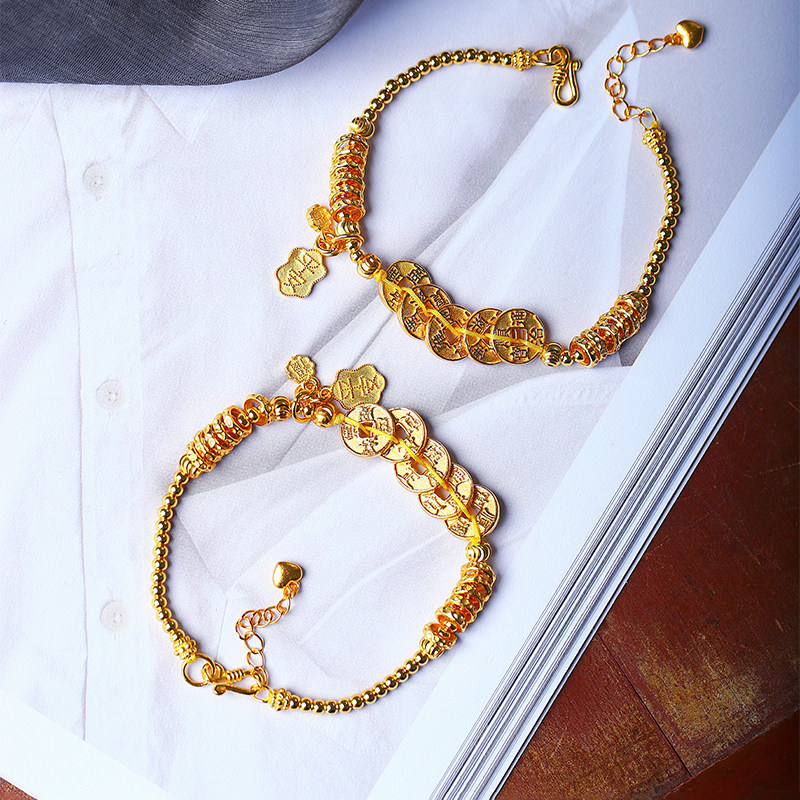 999足银镀金圆珠搭配五帝钱款手链 女款纯银原创设计款银手链饰品,淘宝优惠券,粉丝福利购,淘宝优惠卷