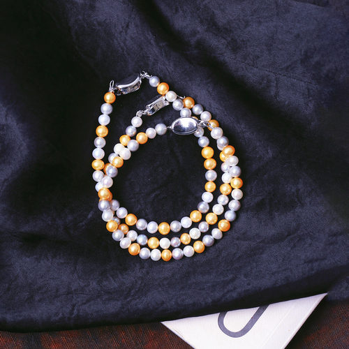 天然淡水珍珠灰金白三色原创手链单圈多宝拼色女款珍珠简约款手串 - 图1