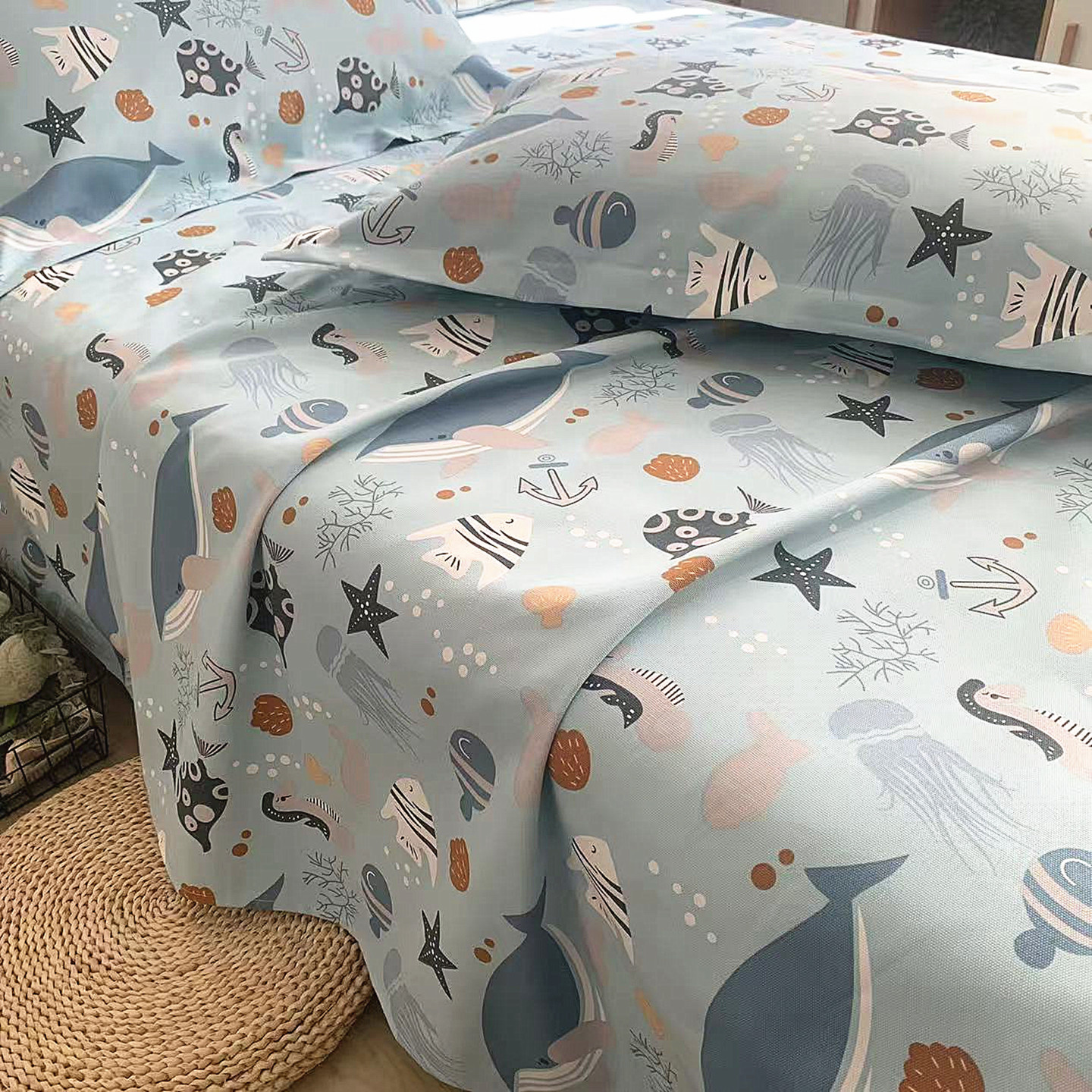 海底世界高档纯棉老粗布床单三件套全棉帆布儿童卡通榻榻米大炕单,淘宝优惠券,粉丝福利购,淘宝优惠卷