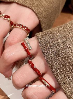 14k真金电镀滴油开口戒指新中式复古气质食指戒轻奢高级感指环女