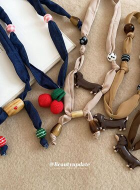 布艺木珠樱桃小狗吊坠项链复古