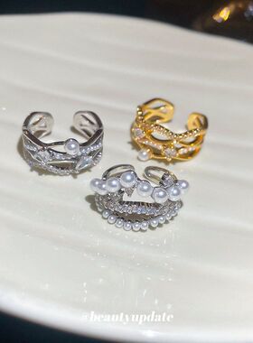 18真金电镀锆石珍珠开口戒指个性