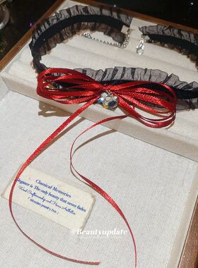 蕾丝缎带蝴蝶结爱心吊坠项链甜酷