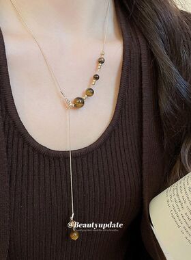 复古虎眼石十字架吊坠项链美拉德