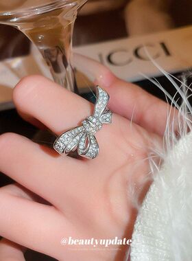 锆石高级感开口指环设计感小众戒指蝴蝶结时尚食指交叉气质戒轻奢