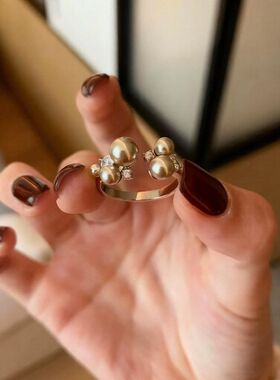 镶锆石珍珠花朵开口戒指法式复古轻奢风食指戒优雅百搭手饰女小众