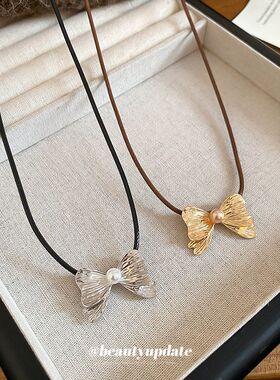 韩系ins蝴蝶结吊坠珍珠项链简约日常百搭毛衣链轻奢气质小众颈链