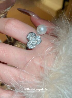 指环轻奢珍珠花朵戒指指环锆石高级感款开口法式精致食指戒女时尚