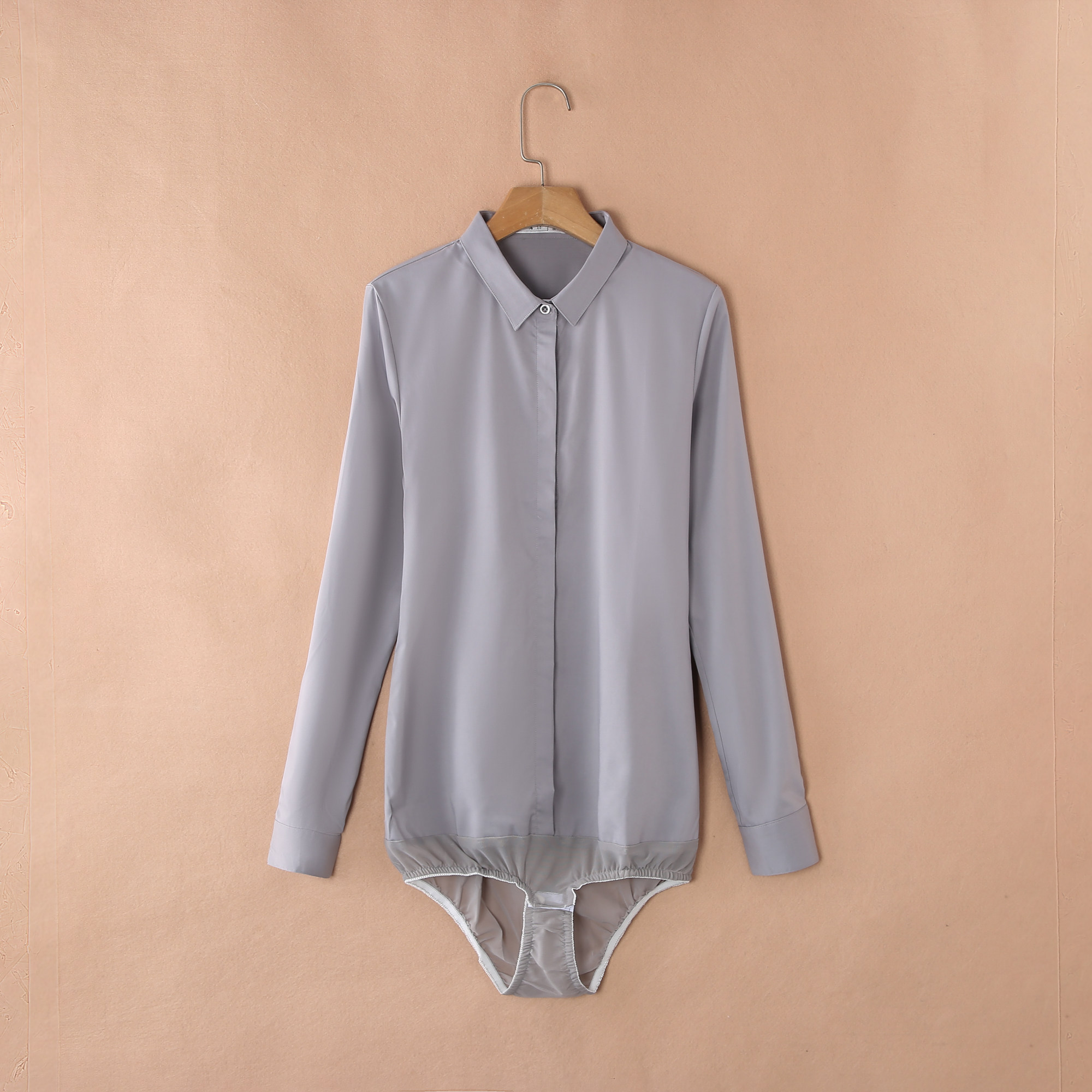 小领高端长袖连体衬衫女职业工作装连裤衬衣修身显瘦弹力果粉色