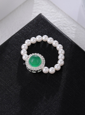 XKDDCT绿玉髓施家珍珠戒指海蓝宝