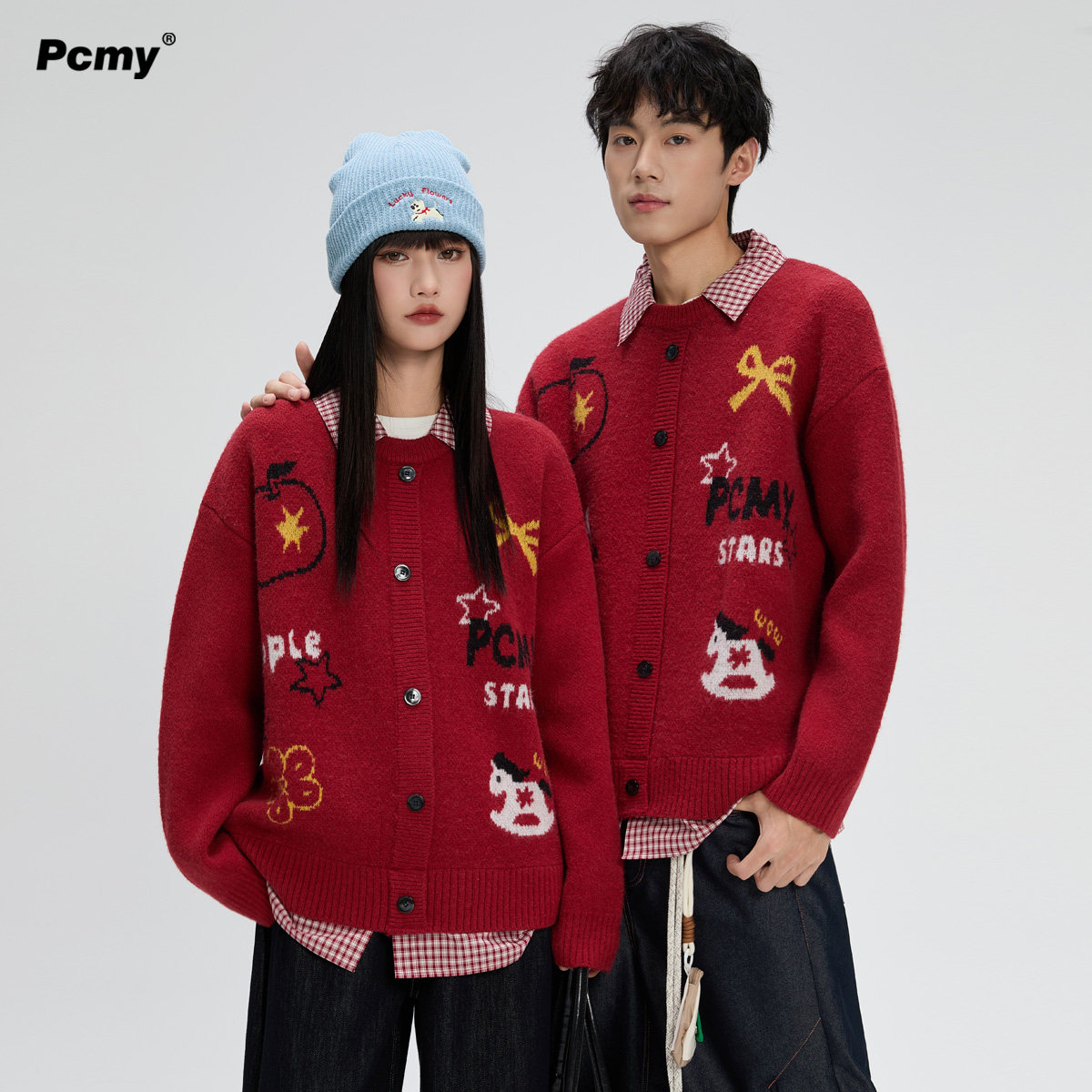 PCMY假两件红色毛衣男女冬季2026跨年穿搭新年款慵懒风情侣针织衫,淘宝优惠券,粉丝福利购,淘宝优惠卷