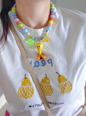 JMH小吴同学 小众原创Tweety翠儿中古玩偶童趣夸张大珠子吊坠项链