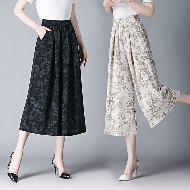 ແບບແຫ່ງຊາດ Ice Silk Wide Leg Cropped Pants 2025 Summer New High Waist Pants Casual Loose Cool Thin Skirts for Women