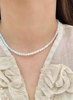 韩国新款蓝色小鱼吊坠天然石串珠叠戴双层项链 锁骨链小清新项饰