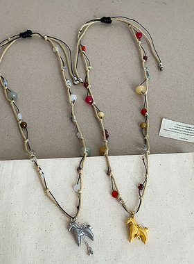 高级感小马吊坠彩色天然石编织绳长款项链女气质时尚颈链锁骨链