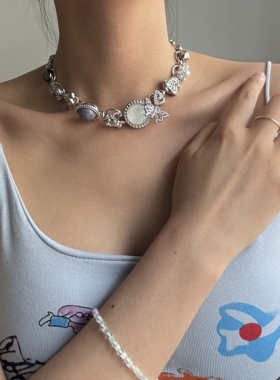 合金金属锁骨链女纽扣重工