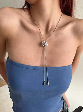 小众设计感烟花珍珠抽拉式项链耳钉女法式复古个性百搭颈链毛衣链