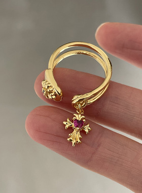 博主同款十字架复古彩色锆石开口戒指精致轻奢金色拉丝新年尾戒