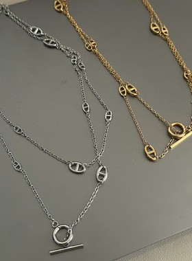 金属不锈钢双层女猪鼻子项链