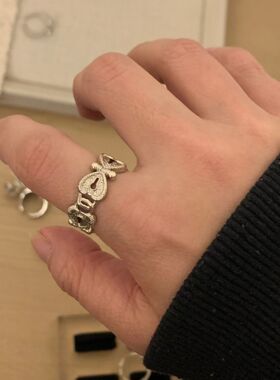 中古vintage咖啡金浮雕蕾丝花四叶草叠戴戒指女小众设计轻奢指环