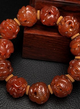 天然柿子红玛瑙镂空透雕圆珠手串松鹤延年手链串隔珠饰品19mm