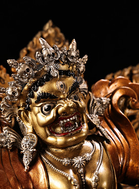 藏传黄铜鎏金银彩绘描脸护法玛哈嘎拉佛像居家佛堂供奉大摆件38cm