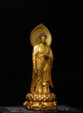 藏传黄铜鎏金仿古释迦牟尼阿弥陀佛站像居家佛堂大摆件室用品47㎝