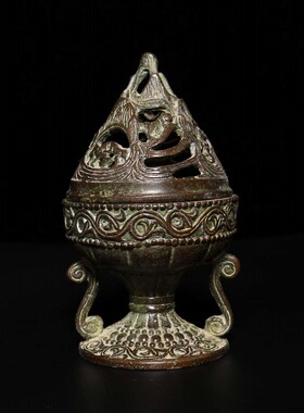 仿古黄铜博山盘塔锥小号熏香炉茶桌香案摆件居家堂用品茶道13cm