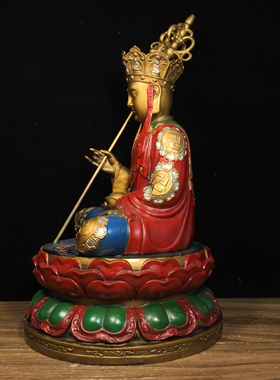 藏传黄铜鎏金彩绘描脸仿古地藏王菩萨像摆件居家香案桌面用品30㎝