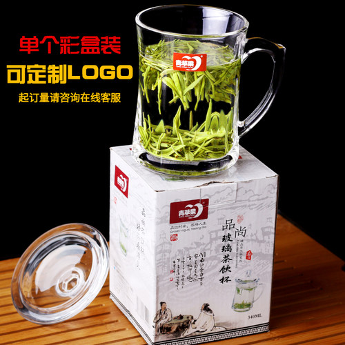 青苹果家用玻璃杯喝水杯子泡茶杯办公室有盖男女士水杯带把大容量 - 图0