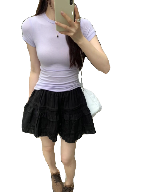 Small round neck sexy tight-fitting slimming slightly see-through short-sleeved top