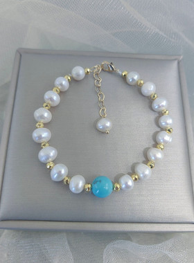 天然淡水珍珠手链金珠绿松石