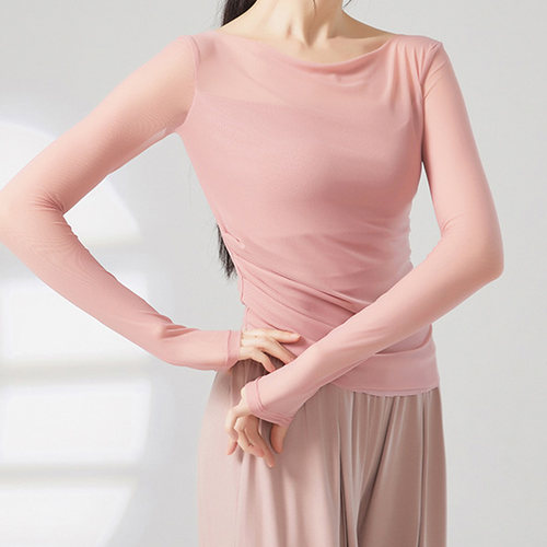 现代舞假两件网纱练功服夏季显瘦长袖瑜伽演出服学生古典舞女上衣 - 图0
