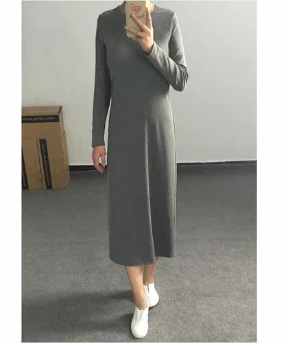 夏秋季韩国新款修身显瘦长袖长裙女加厚连衣裙气质长款打底裙大码 - 图3