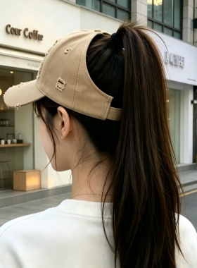 高马尾破洞做旧美式潮牌半空顶棒球帽子女夏户外防晒遮阳帽显脸小