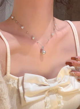 法式曼塔玫瑰色珍珠项链女款高级感轻奢小众锁骨链2025新款爆款